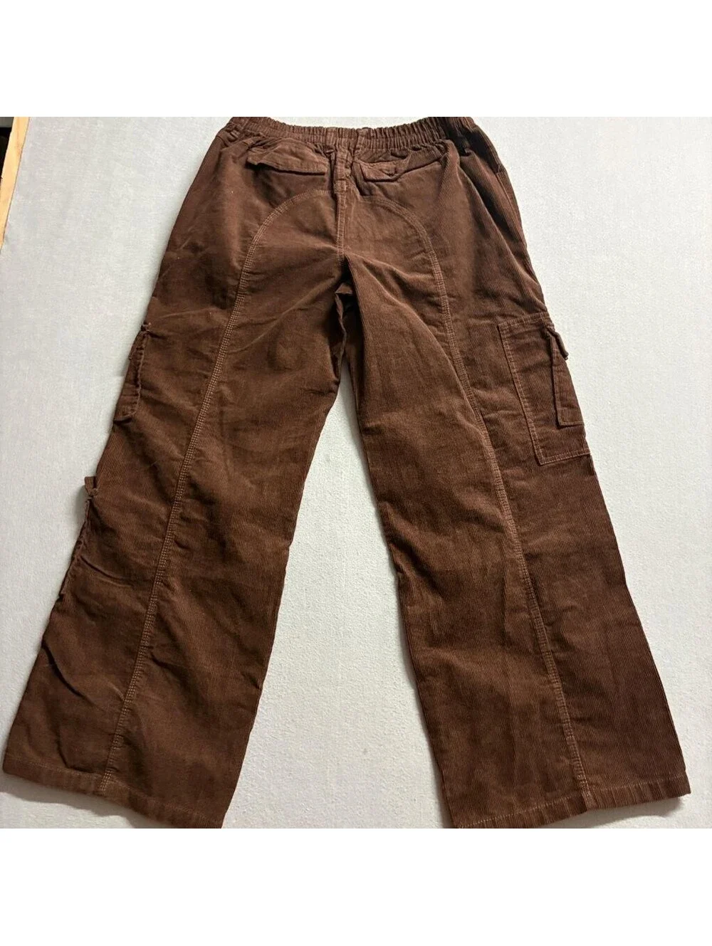 Forever 21 Corduroy Cargo Pants Womens XL Brown Wide Leg Elastic Waist Cotton